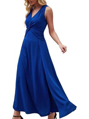 Women's Royal Blue V Neck Sleeveless Back Zipper Formal Weddings Maxi Dresses